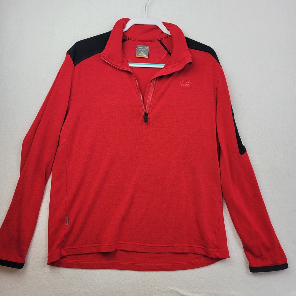 Icebreaker Merino‎ Mens Medium Red 1/4 Zip Pullover Wool Sweater Base Layer